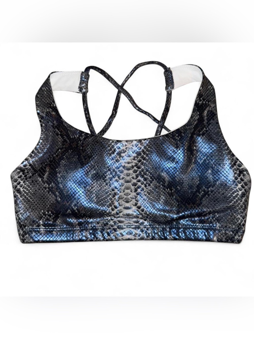 Onzie Blue & Black Snake-Print Metallic Reptile Sports Bra